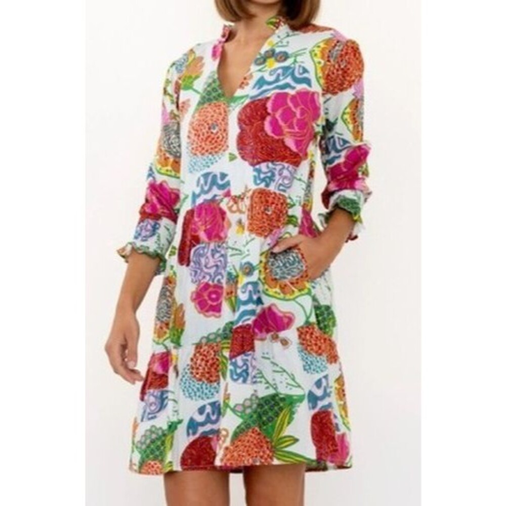 By Charlee Midi ALEXIS TIERED HYDRANGEA FLORAL Dress S 3/4 SLEEVE